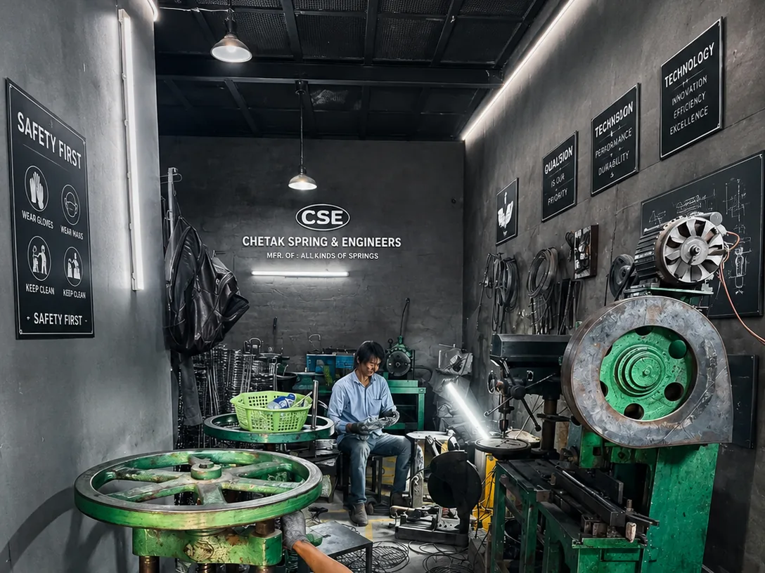 Technicians forming springs on power presses at the Chetak Spring & Engineers workshop in Uttam Nagar, New Delhi