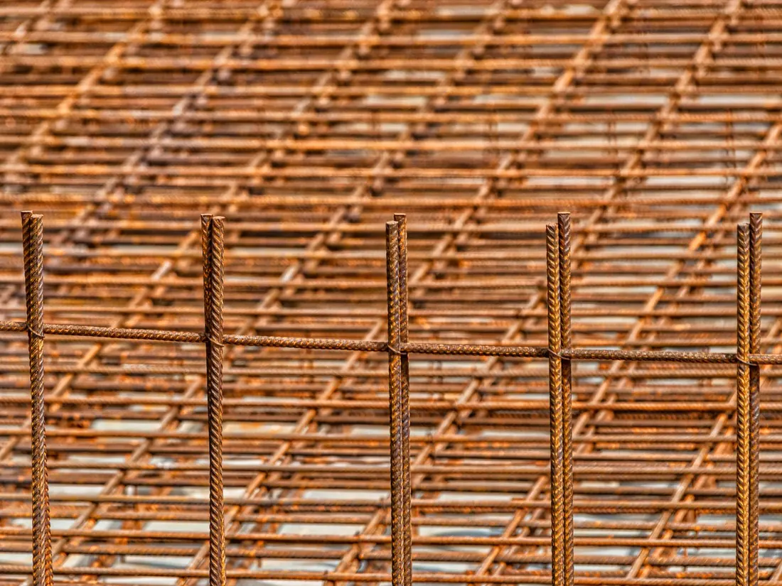 Welded steel reinforcement mesh panels stacked on site