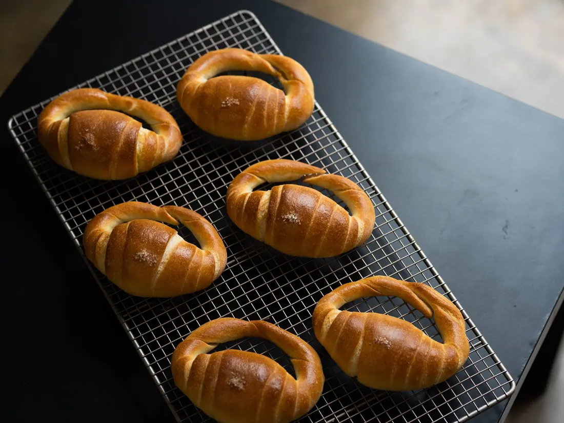 Bread rolls cooling on a steel wire rack in a kitchen