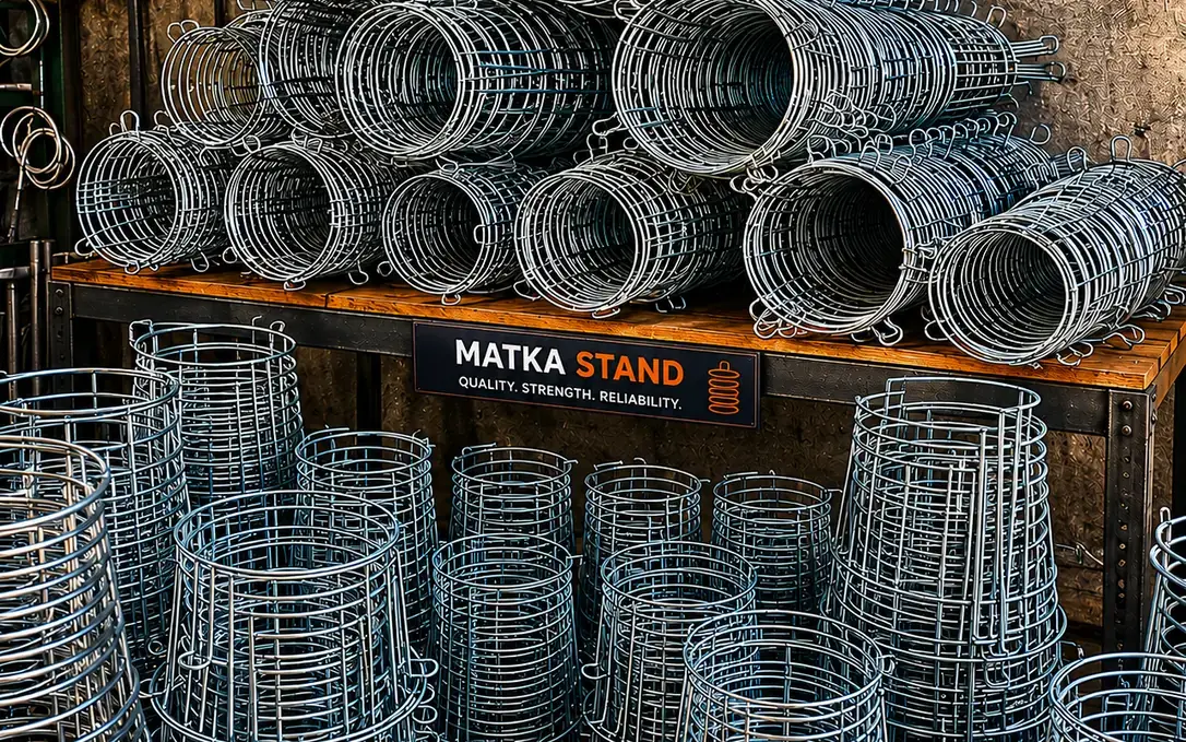 Galvanised steel wire matka stands stacked on a workshop rack, manufactured under Chirag Udyog
